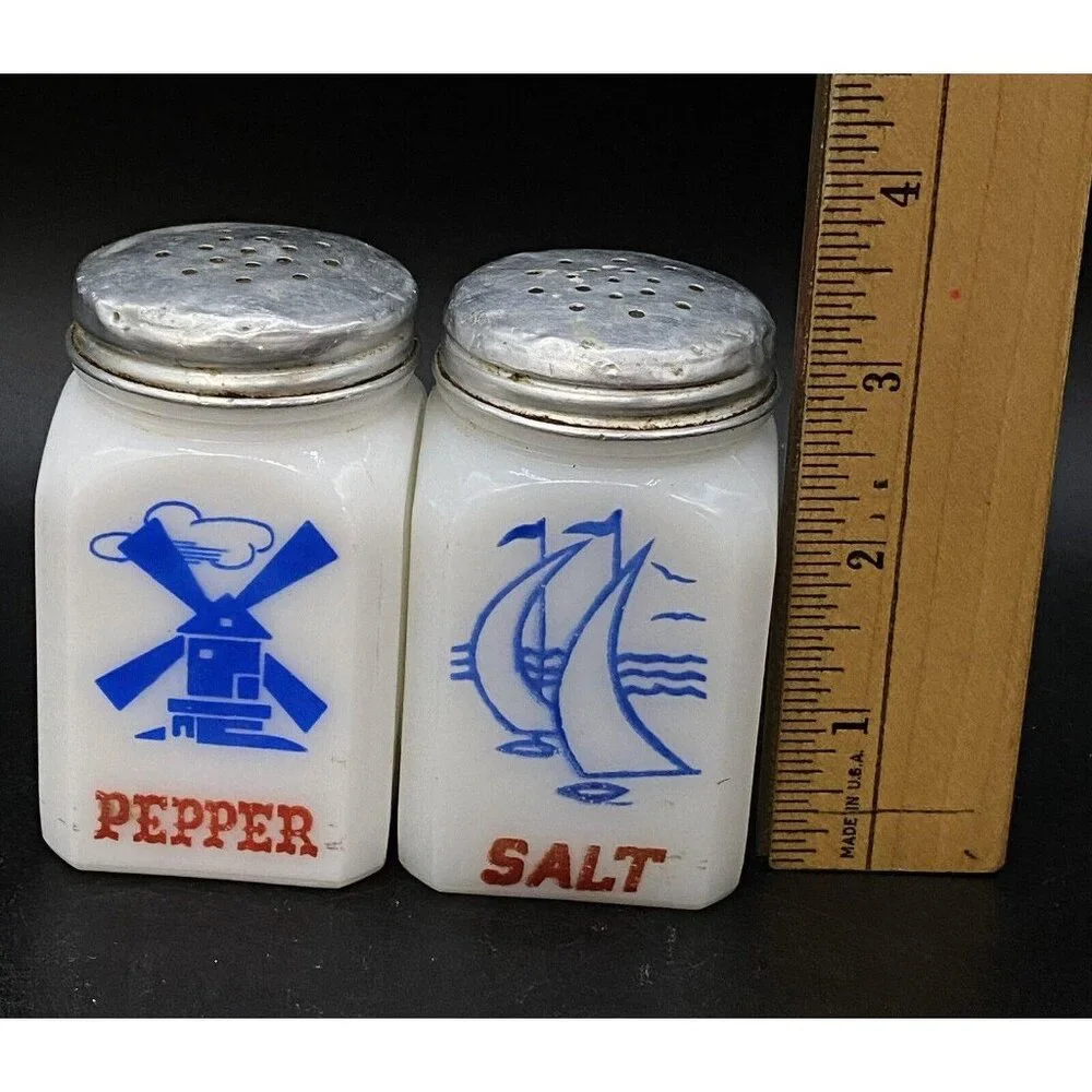 Tipp City Salt and Pepper Shaker Milk Glass Sailboats Dutch Windmill Mixed Set